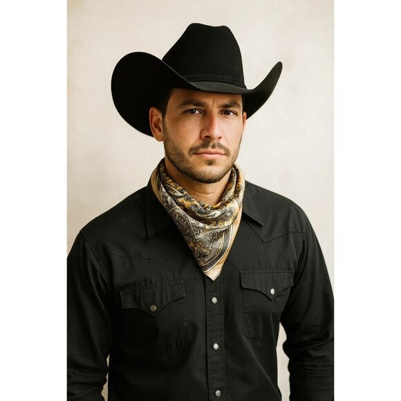 Gold Black Paisley Silk Scarf Western Wild Rage Boho Chic Square Lightweight Ret - Picture 2 of 7